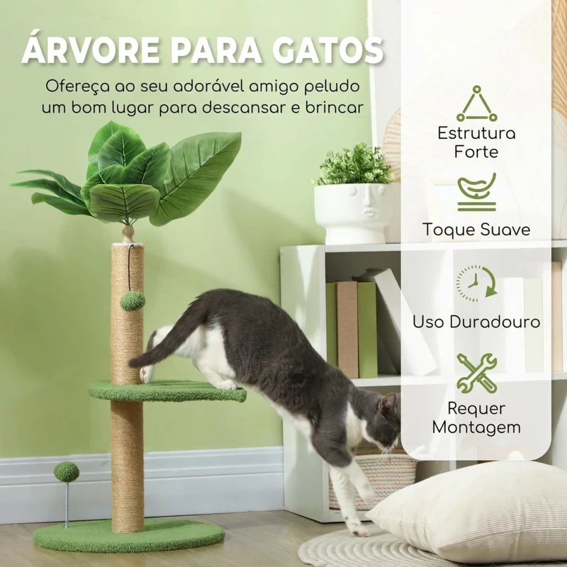 PawHut Árvore Arranhadora para Gatos 83 cm com Folhas Artificiais, Poste em Juta, Plataformas em Pelúcia e 2 Brinquedos, Verde