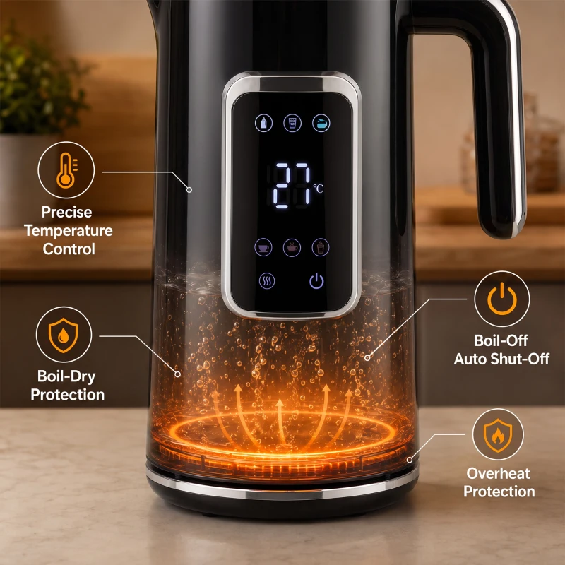HOMCOM Waterkoker 1,7 L, 2200 W, met LED-display, instelbare temperatuur, warmhoudfunctie, zwart