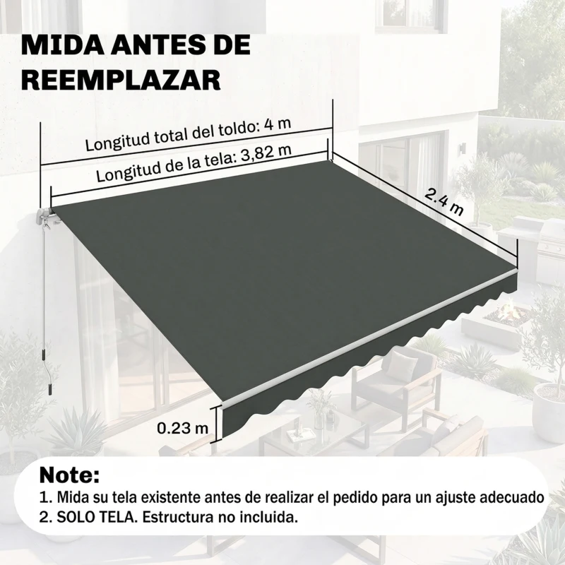 Outsunny Techo de Repuesto para Toldo 382x240 cm Lona para Toldo con Dobladillo Protección UV Impermeable para Patio Gris