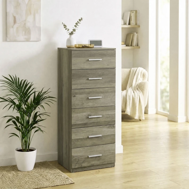 HOMCOM Cómoda de 6 Cajones Cajonera Alta para Dormitorio con Antivuelco 40x40x110 cm Gris Claro