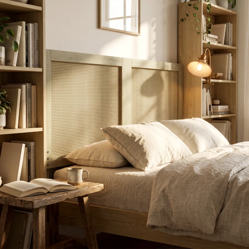 HOMCOM Kopfteil aus Holz mit Rattan-Effekt, Boho-Design, für Schlafzimmer, 140 x 4 x 87 cm, Eiche