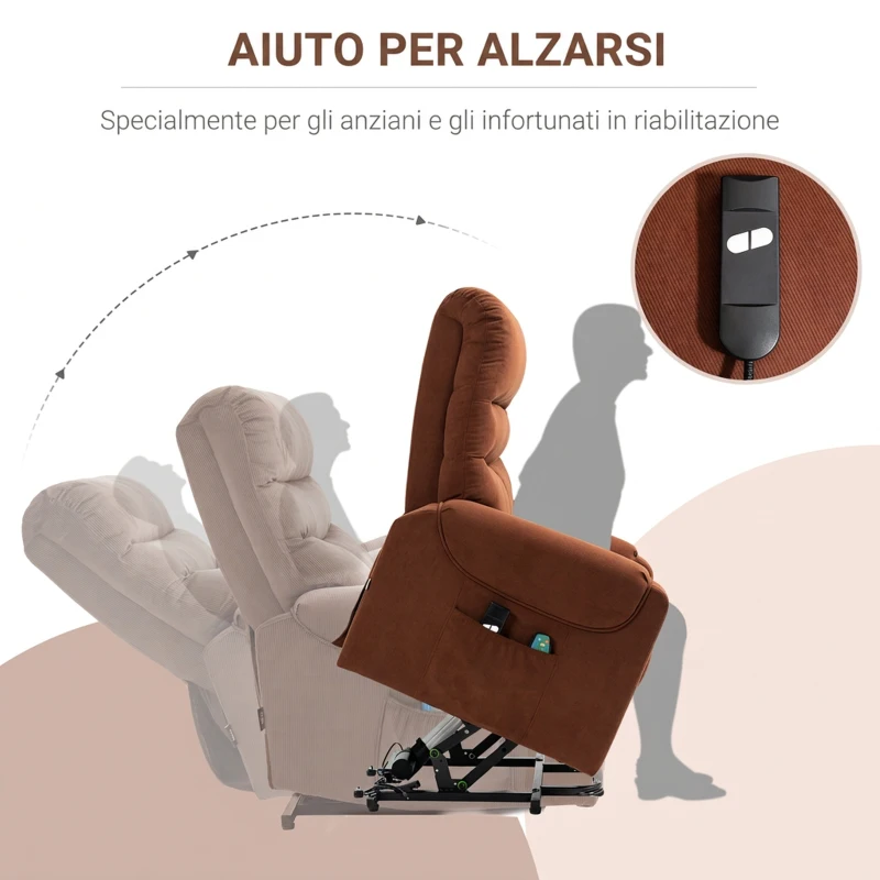 HOMCOM Poltrona Massaggiante con Assistenza per Alzarsi in piedi e Telecomando, in Poliestere e Metallo, 79x97x103 cm, Marrone
