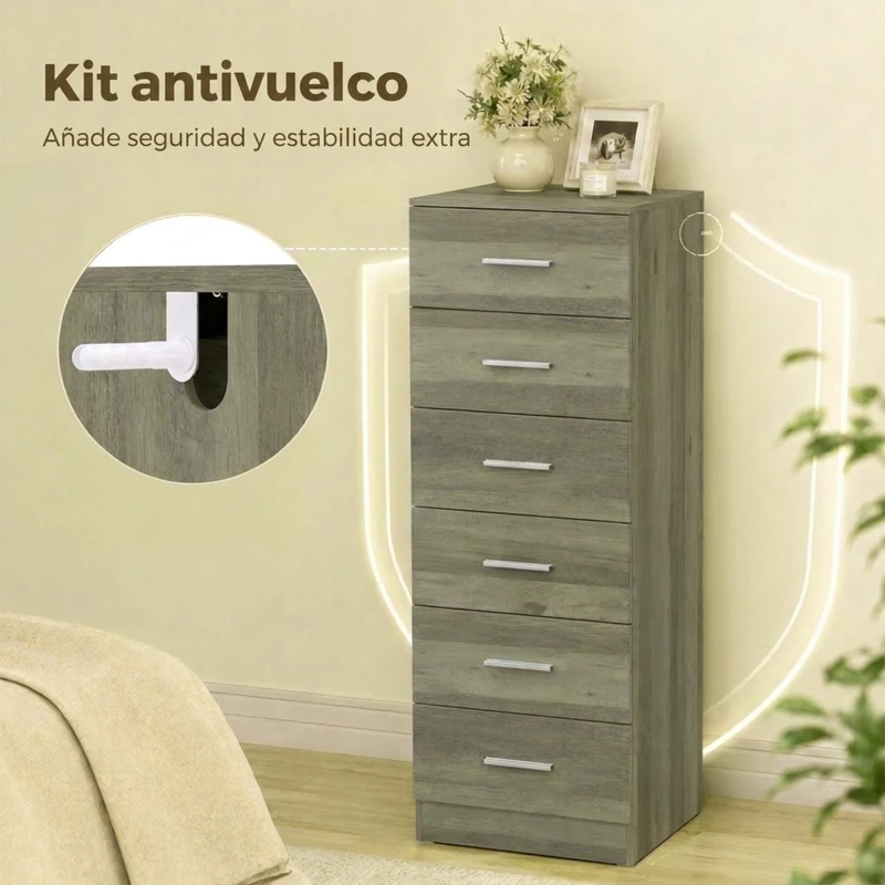 HOMCOM Cómoda de 6 Cajones Cajonera Alta para Dormitorio con Antivuelco 40x40x110 cm Gris Claro