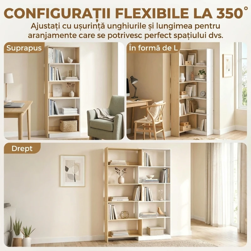 HOMCOM Bibliotecă de Colț cu 5 Polițe, Design Rotativ 350°, Lemn/Alb