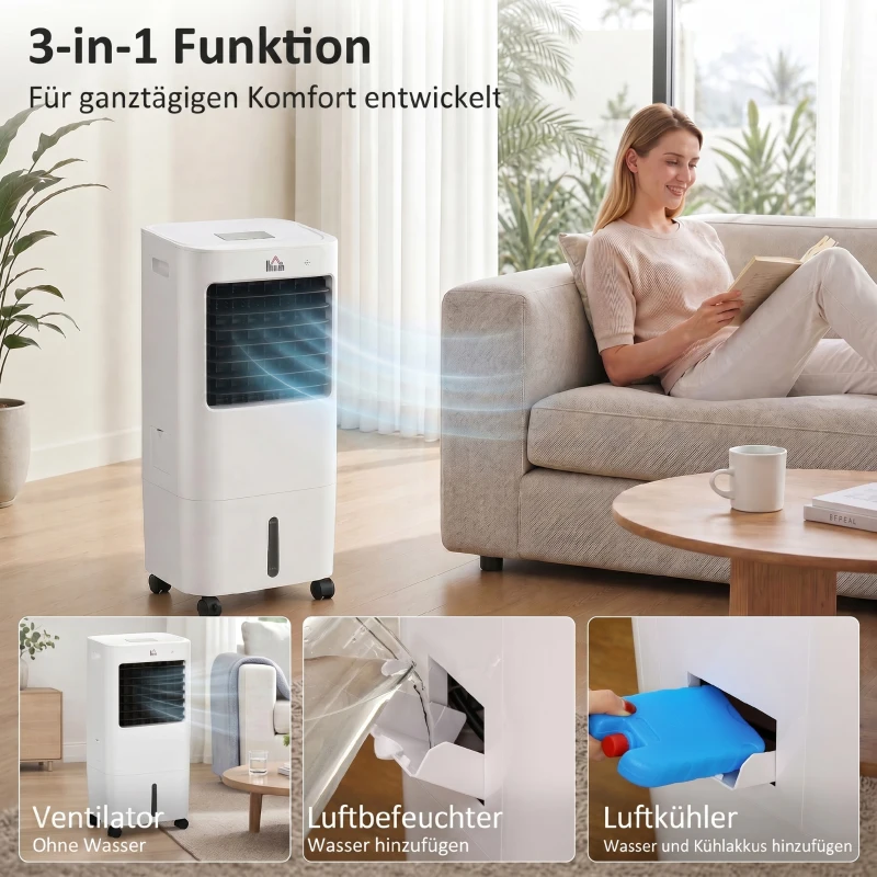 HOMCOM Luftkühler, 3 Modi, Timer-Funktion, rollbar, Kunststoff, Weiß
