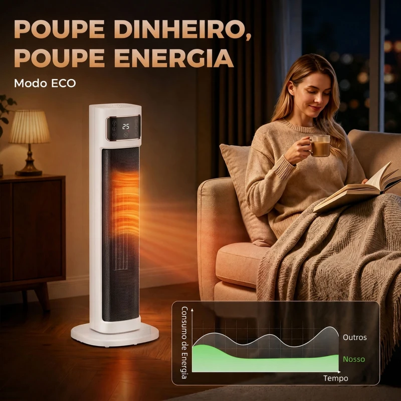 HOMCOM Aquecedor Elétrico Cerâmico PTC 2000 W com 4 Modos, Comando à Distância e Proteção contra Sobreaquecimento e Queda
