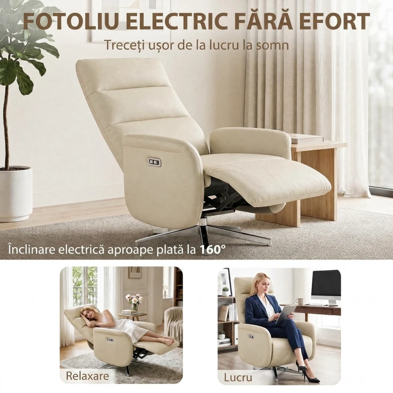 HOMCOM Fotoliu Reclinabil Electric, Rotativ, cu Suport pentru Picioare, USB, Bej