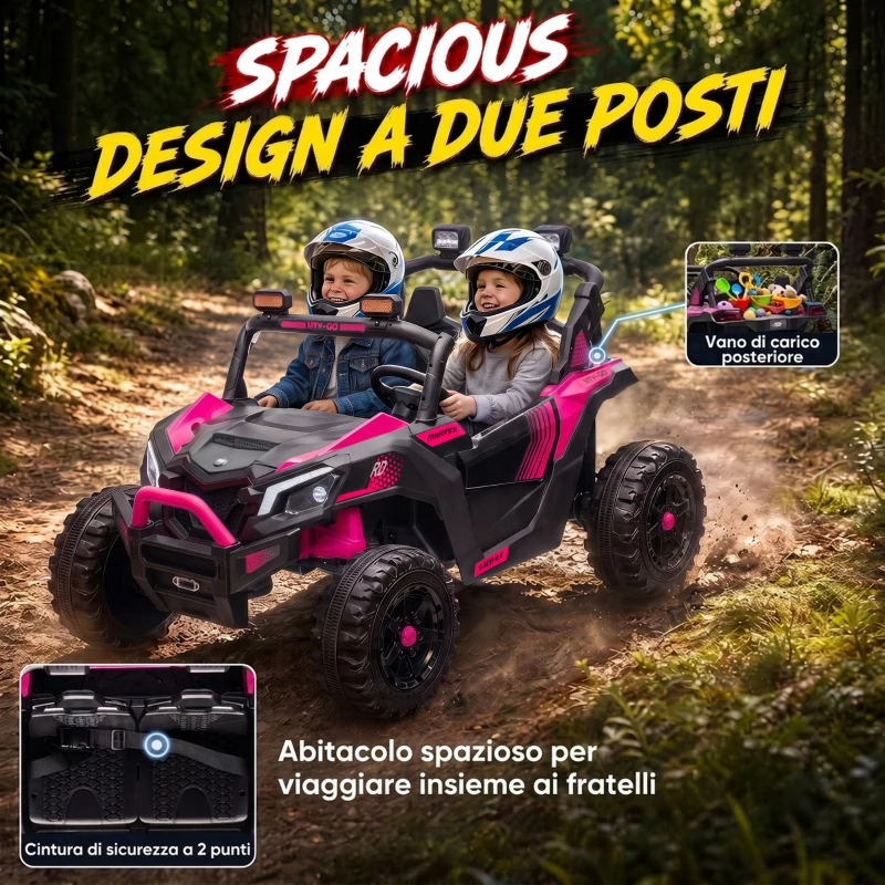 AIYAPLAY UTV Macchina Elettrica Bambini 24V 2 Posti, 2 Motori 120W, Batteria al Litio, Telecomando, Sospensioni, Rosa
