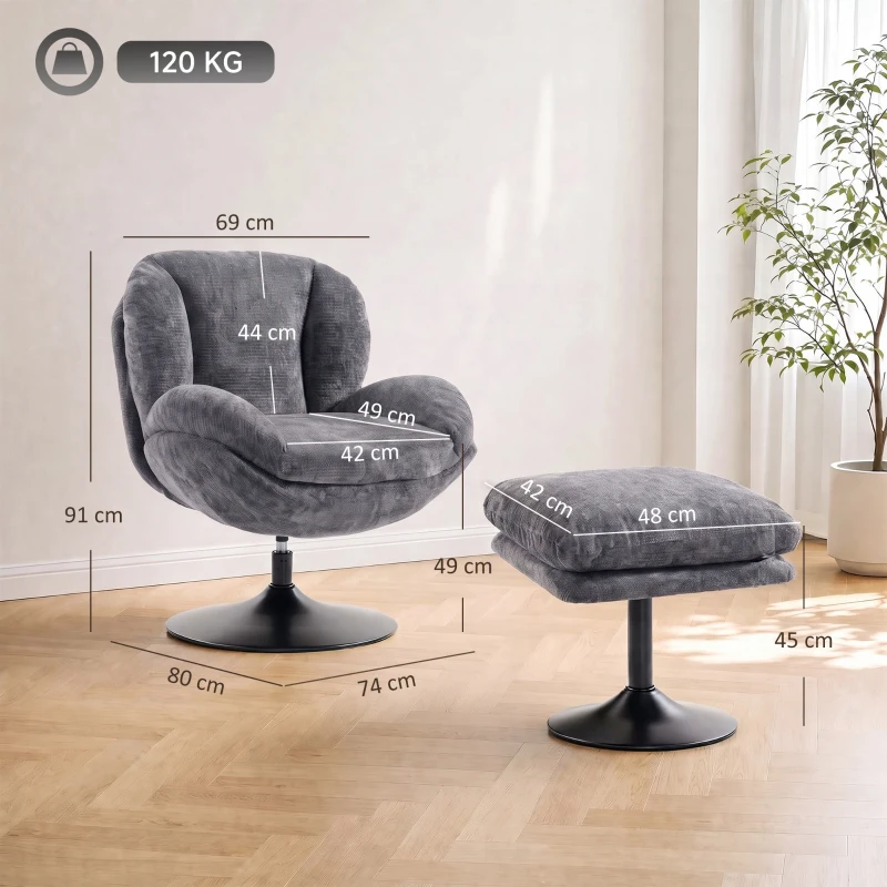 HOMCOM Modern Chenille Lazy Chair with Ottoman, 360° Swivel, Upholstered Reading Seat Set for Living Room, Dark Grey