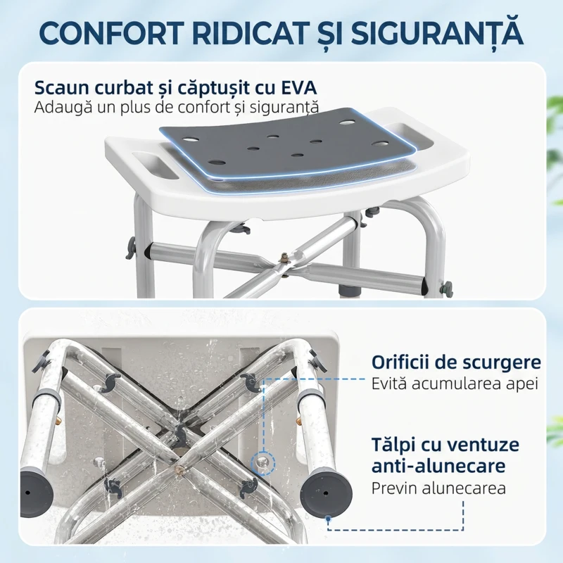 HOMCOM Taburet de duș din aluminiu, cu înălțime reglabilă și picioare antiderapante cu ventuze, gri