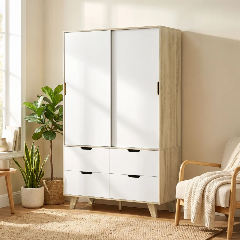 HOMCOM Armoire Chambre Penderie, 2 Portes Coulissantes, 4 Tiroirs, Barre de Suspension, Étagères Réglables, Chêne et Blanc