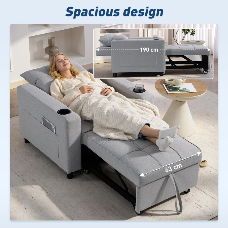 HOMCOM 3-in-1 Single Sofa Bed, Convertible Sleeper Chair Bed - Light Grey
