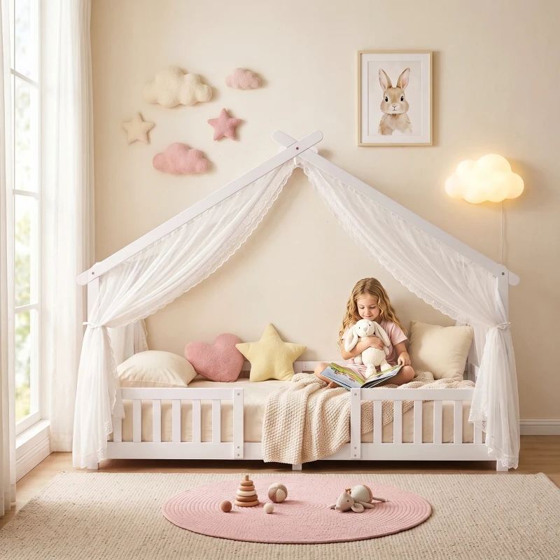 AIYAPLAY Wooden Kids House Single Bed Frame, Solid Pine Wood Toddler Bed with Dual Guardrails for Children, Boys, Girls, White