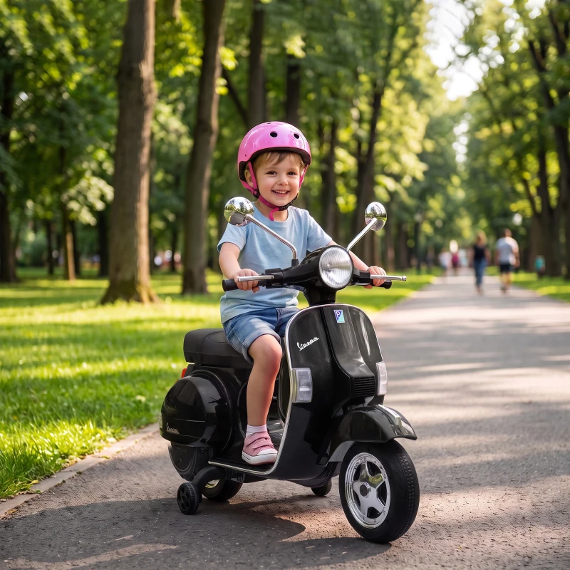 AIYAPLAY Elektryczny motocykl dziecięcy Vespa PX150 12V z akumulatorem litowym 35W 2 silniki 25° ograniczenie skrętu dla dzieci 3-6 lat