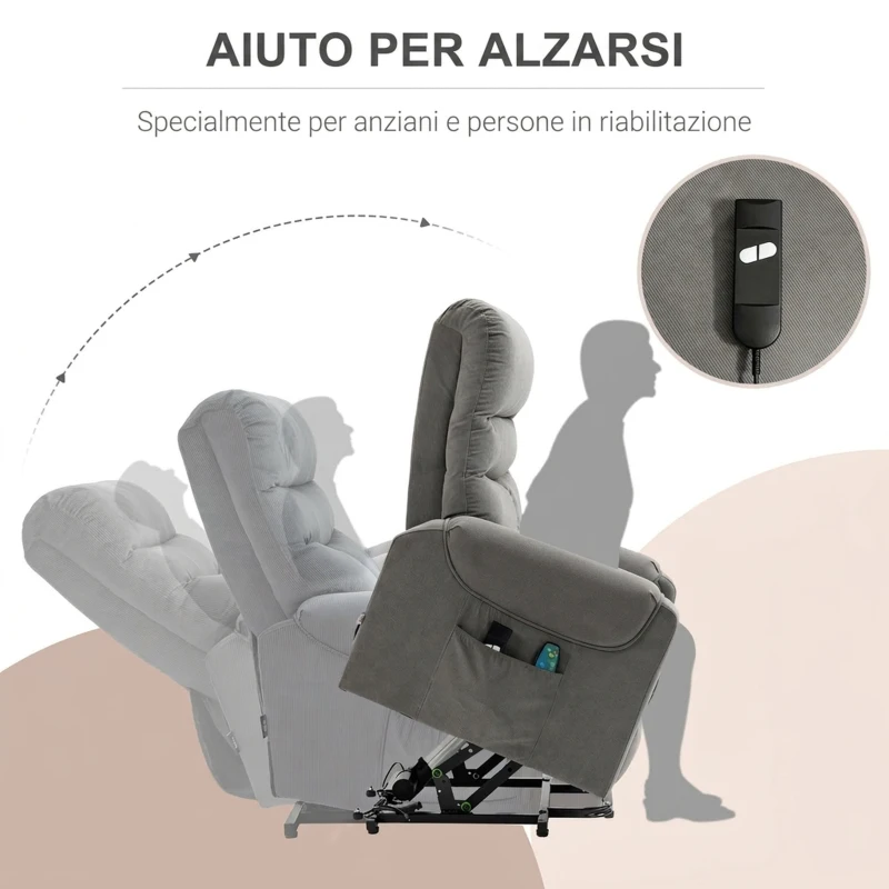HOMCOM Poltrona Reclinabile Massaggiante con Telecomando, in Poliestere e Metallo, 79x97x103 cm, Grigio
