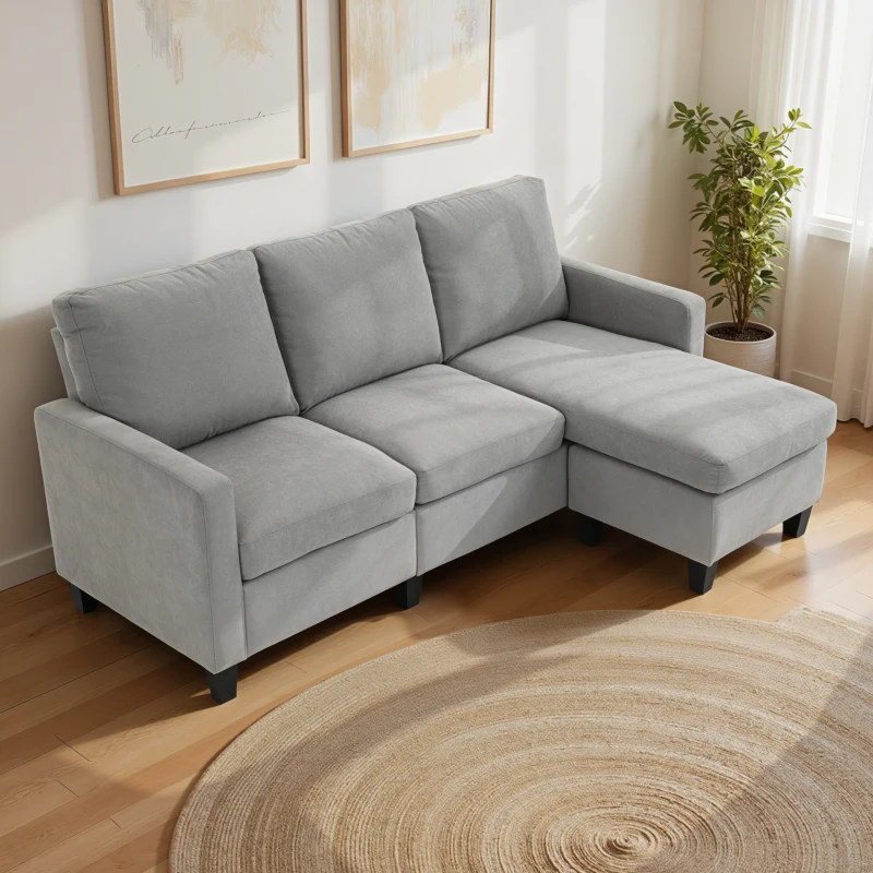 HOMCOM Ecksofa, 3-Sitzer-Sofa mit Kissen, Eckcouch, L-Form Couch, Stoffbezug, Grau(m-8)