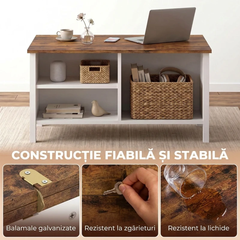 HOMCOM Cufăr de Depozitare 80x60x40 cm, cu Capac Rabatabil, Rafturi Deschise și Compartiment Ascuns, Maro Rustic