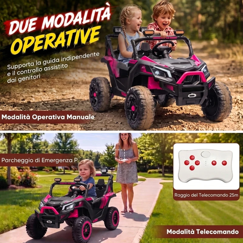 AIYAPLAY UTV Macchina Elettrica Bambini 24V 2 Posti, 2 Motori 120W, Batteria al Litio, Telecomando, Sospensioni, Rosa