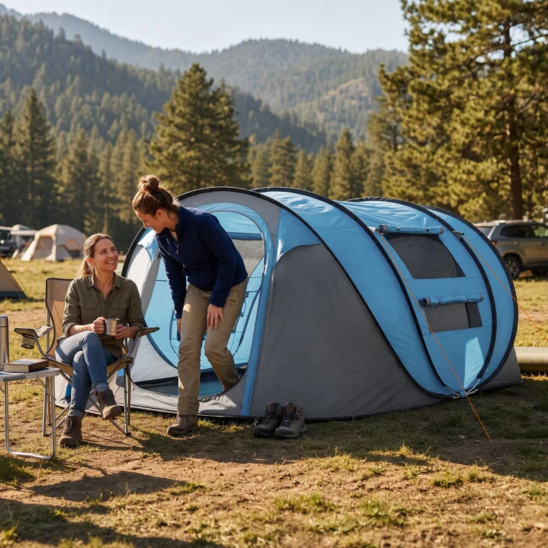 Outsunny Cort de Camping Pop Up pentru 2 Persoane cu 2 Uși, 4 Ferestre și Înveliș Impermeabil, 263.5x220x123 cm, Verde