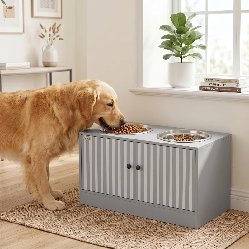 PawHut Gamelle Chien Surélevée Meuble d'Alimentation Rangement 40L 2 Bols Inox 2L 1 Gamelle Anti-Glouton 60x30x35,5cm Gris