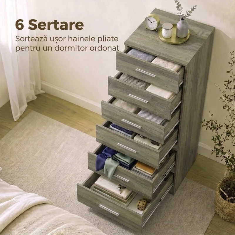 HOMCOM Comodă cu 6 Sertare, Modernă, 40x40x110 cm, Gri-Maro