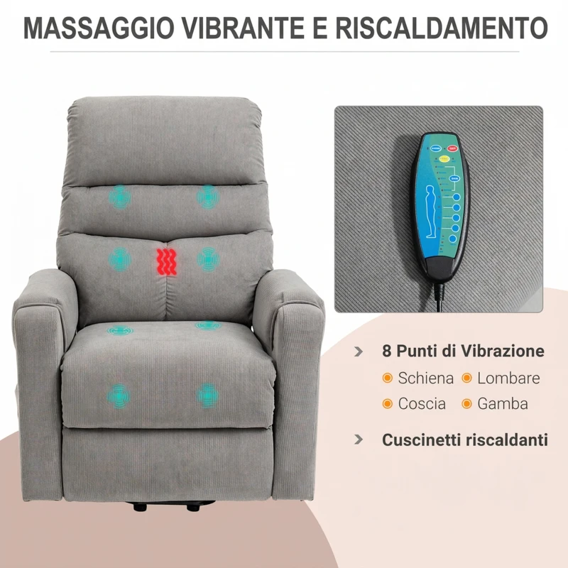 HOMCOM Poltrona Reclinabile Massaggiante con Telecomando, in Poliestere e Metallo, 79x97x103 cm, Grigio