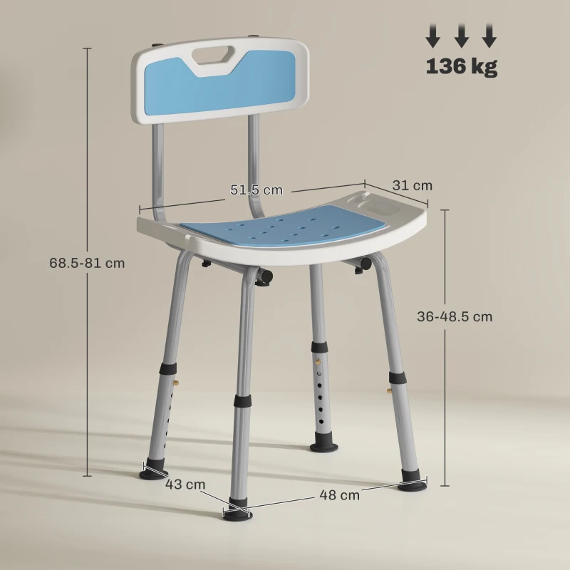 HOMCOM Scaun de Duș din Aluminiu și EVA, Reglabil pe 6 Niveluri, cu Spătar Curbat, 51,5x49,5x68,5-81 cm, Albastru Deschis și Alb