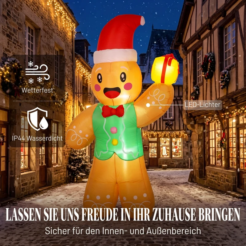 Outsunny Aufblasbarer Weihnachts-Lebkuchenmann, 250 cm, mit Geschenkbox und LEDs, für außen