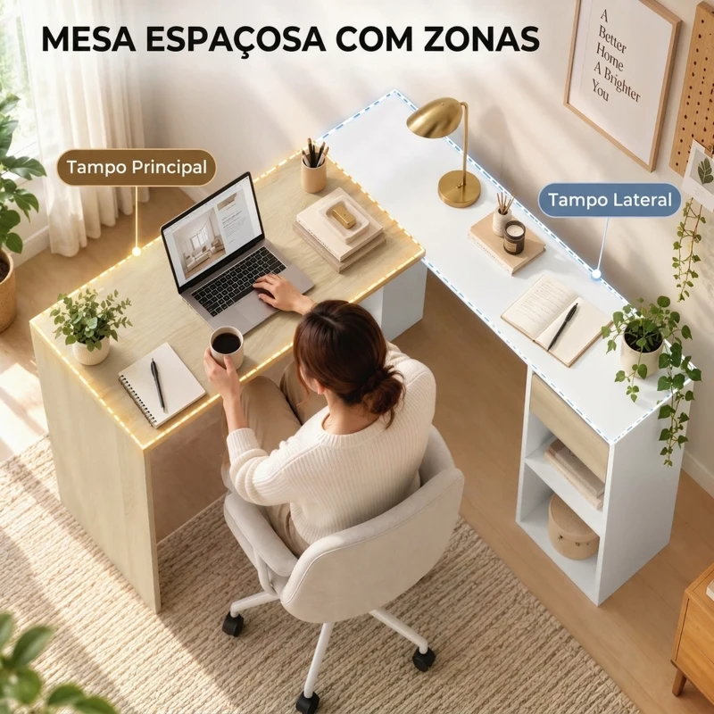 HOMCOM Secretária de Canto em L 120x110 cm com Gaveta e 2 Prateleiras, Branco e Natural