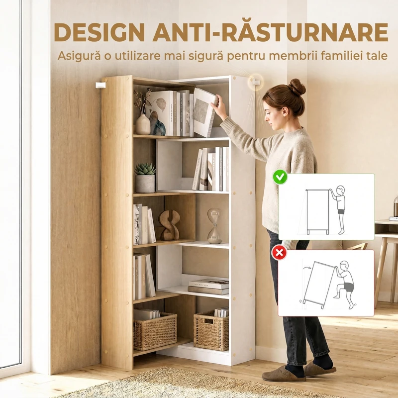 HOMCOM Bibliotecă de Colț cu 5 Polițe, Design Rotativ 350°, Lemn/Alb