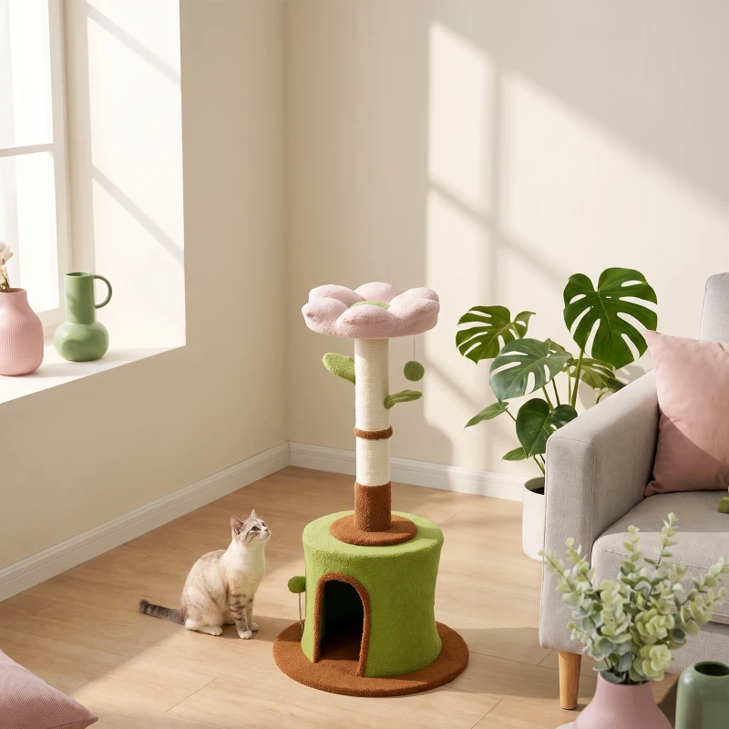 PawHut Cat Tree for Indoor Kittens, 88cm Flower Cat Tower with Condo & Bed, Scratching Post, 2 Toy Balls and 2 Crinkle Leaves