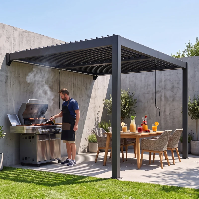 Outsunny 3 x 3 m Louvered Pergola with LED Lights, Metal Louvres, Wall Mounted Aluminium Patio Gazebo Pergola, Dark Grey