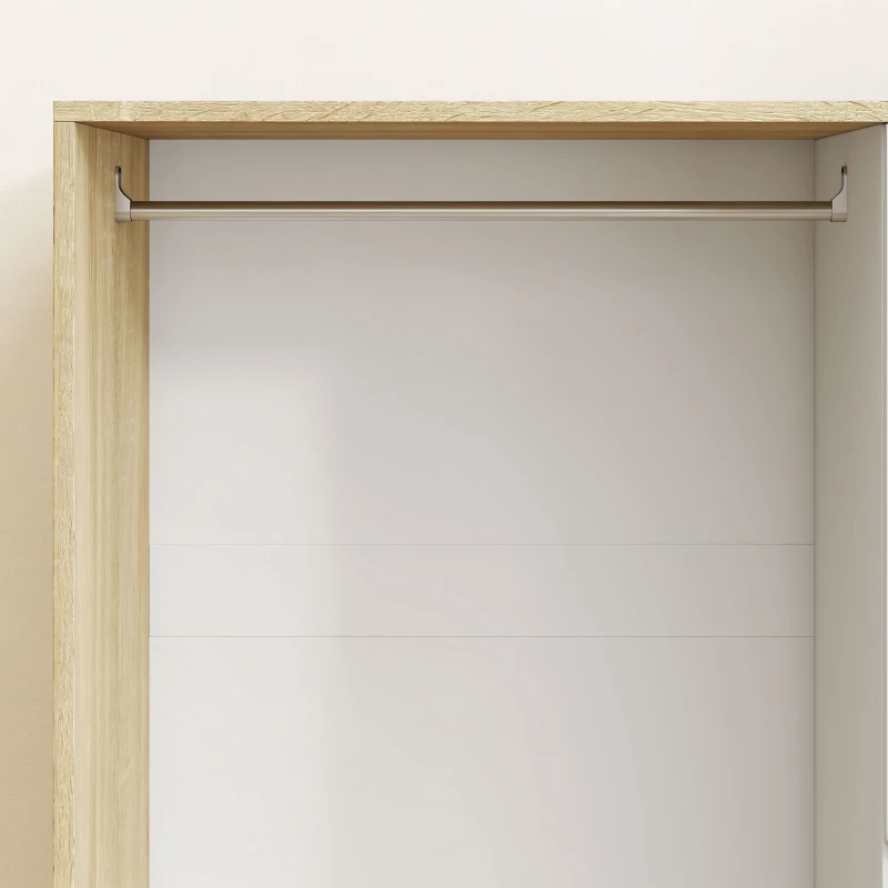 HOMCOM Armoire Chambre Penderie, 2 Portes Coulissantes, 4 Tiroirs, Barre de Suspension, Étagères Réglables, Chêne et Blanc