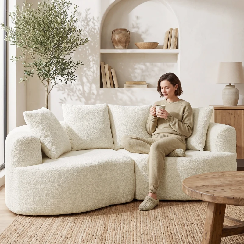 HOMCOM Sofa 3 Sitzer 207 cm Cloud Sofa mit Chenille-Optik, 4 Wurfkissen für Schlafzimmer, Werkzeugfreie Montage, Cremeweiß