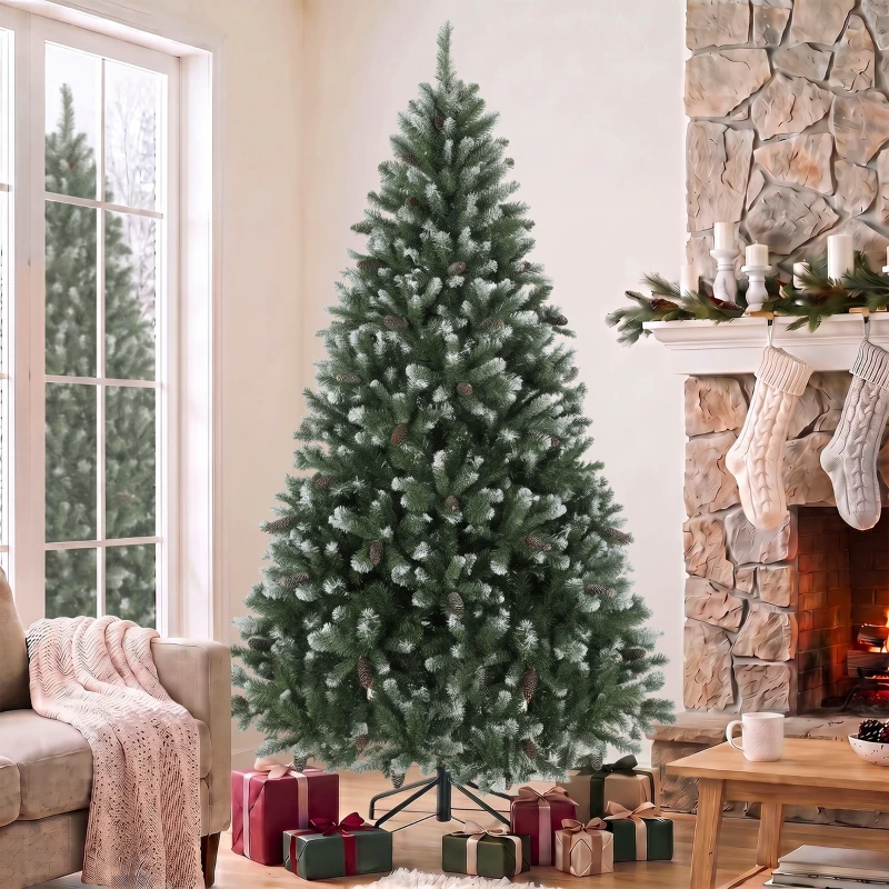 HOMCOM Árbol de Navidad Artificial 180 cm con 802 Puntas Efecto Nevado 59 Piñas y Base Metálica Plegable Verde y Blanco