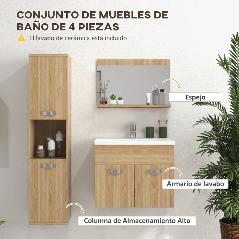 kleankin Conjunto de Muebles de Baño de Pared 4 Piezas Incluye Espejo Armario con Lavabo Cerámico y Columna de Baño Natural