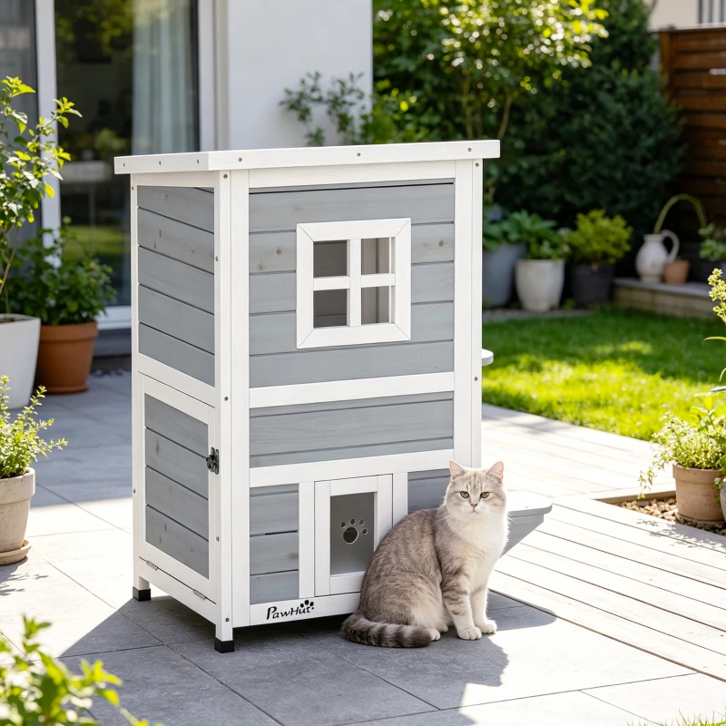 PawHut Cuccia per Gatti in Legno Impermeabile a 2 Piani con Tetto Apribile, 51x51x81.3cm, Grigio