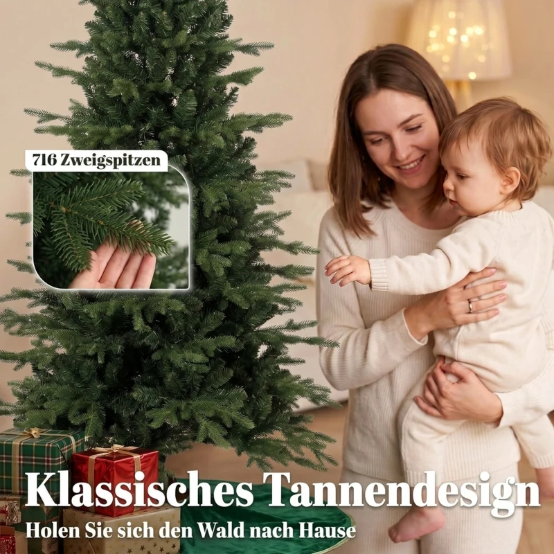 HOMCOM Künstlicher Weihnachtsbaum klappbarer Holzständer Spritzguss Tannenbaum 1438 Spitzen 180 cm Grün
