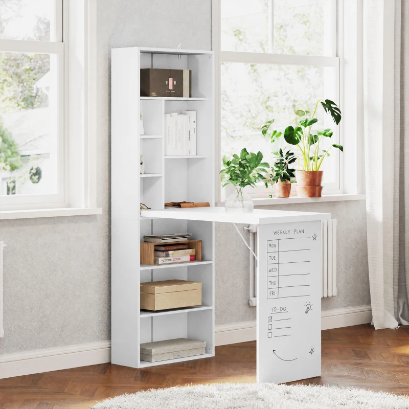 HOMCOM Bureau d'ordinateur pliable avec bibliothèque, poste de travail, tableau blanc et étagère réglable, 98x51x153cm, blanc
