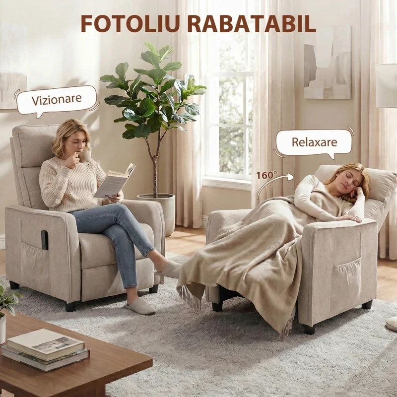 HOMCOM Fotoliu Masaj Reclinabil Manual din Material Textil Tip In cu Telecomandă, Crem