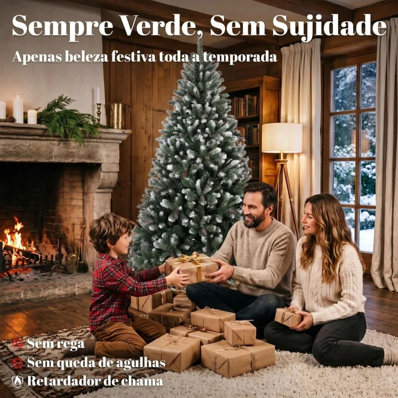 HOMCOM Árvore de Natal Artificial 210 cm com 1140 Pontas, Efeito de Neve, 75 Pinhas e Base Metálica Dobrável, Verde e Branco