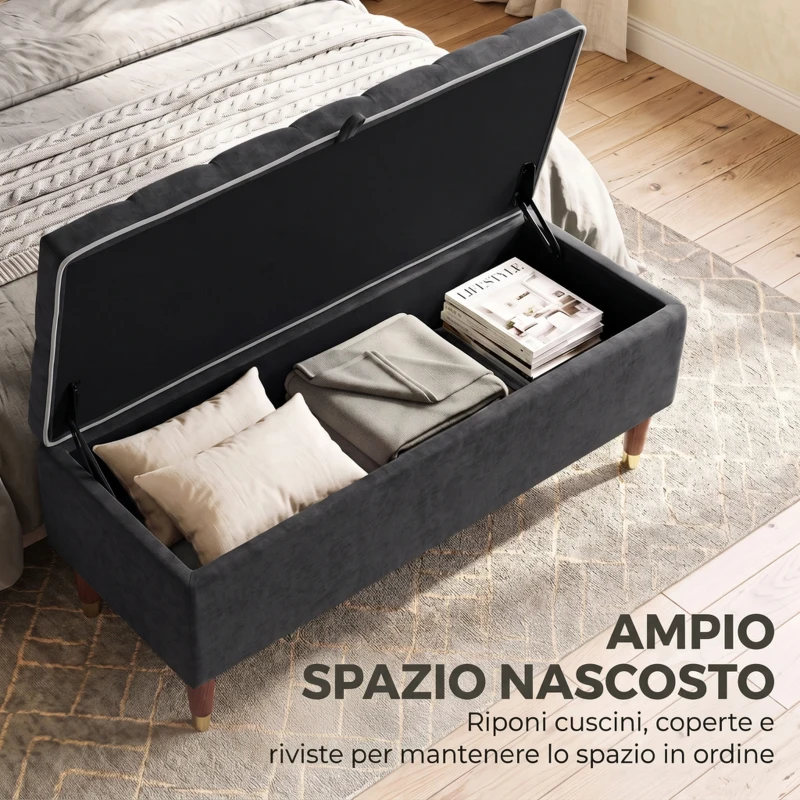 HOMCOM Cassapanca 78L Pouf Contenitore 117x44x45cm, Seduta Imbottita 2 Posti in Tessuto Effetto Lino, Grigio Scuro