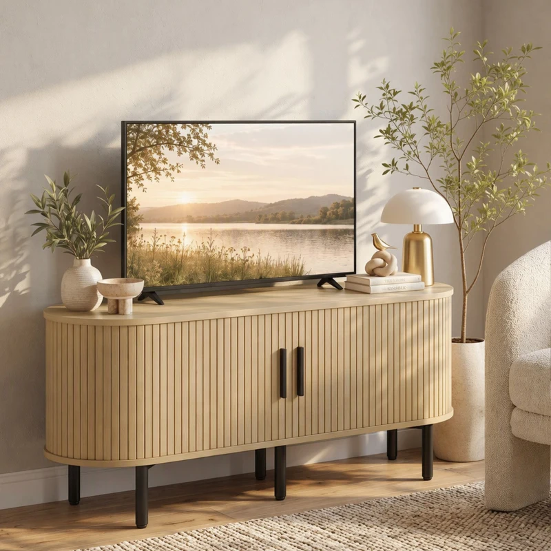 HOMCOM Meuble TV 106 cm, Meuble Télé pour 50 Pouces, 2 Portes Coulissantes à Tambour 4 Compartiments Étagères Réglables, Chêne
