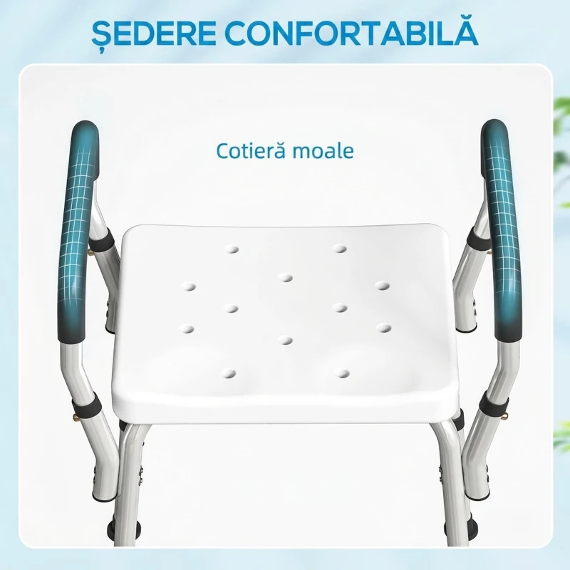 HOMCOM Scaun de Duș din Aluminiu, Reglabil pe Înălțime, cu Cotiere și Picioare Antiderapante, Alb