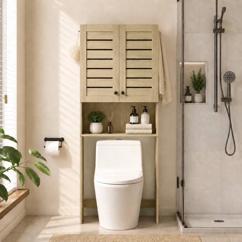 HOMCOM Corp deasupra WC-ului pentru toaletă/mașină de spălat cu dulap cu uși duble, uși cu jaluzea, 67x31,5x190 cm, stejar