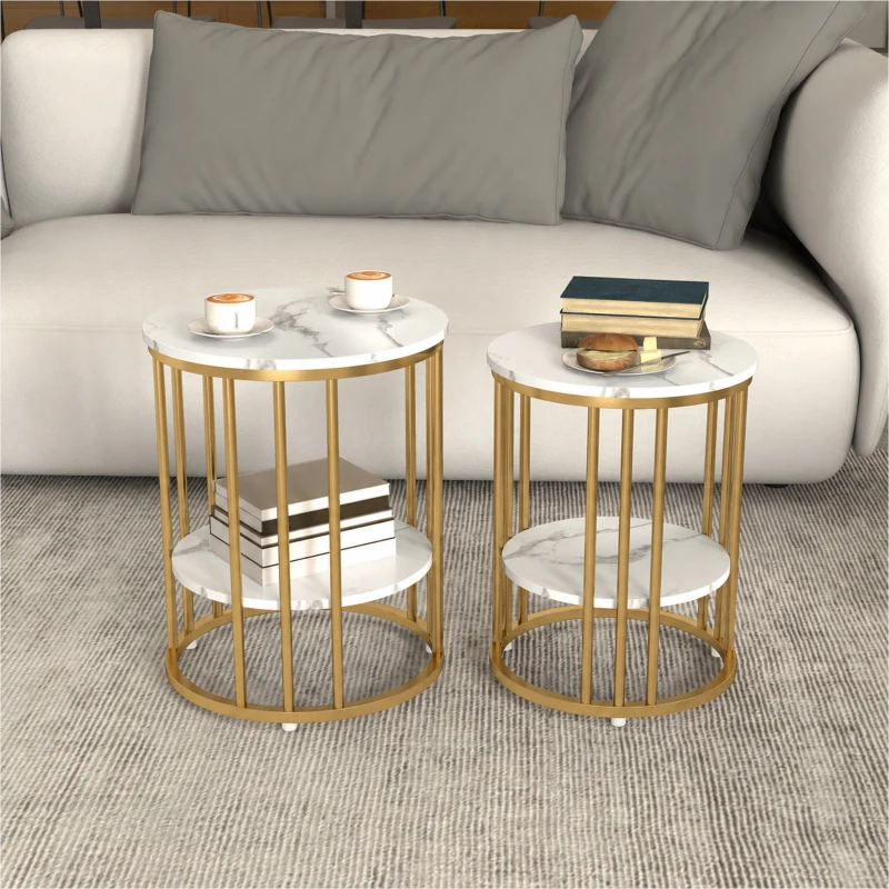 HOMCOM Set of Two Marble-Effect Coffee Tables - White/Gold-Tone