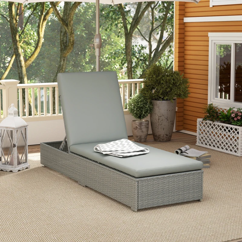 Outsunny Rattan Sun Lounger, Five-Position Reclining Garden Lounger Bed with Cushion, Light Grey