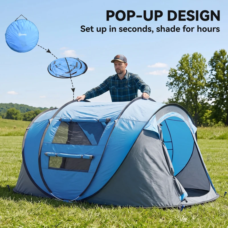 Outsunny 3 Person Pop-up Camping Tent, Family Dome Tent with Ground Sheet, 4 Windows and Portable Carry Bag for Beach Outdoor Trip, Sky Blue