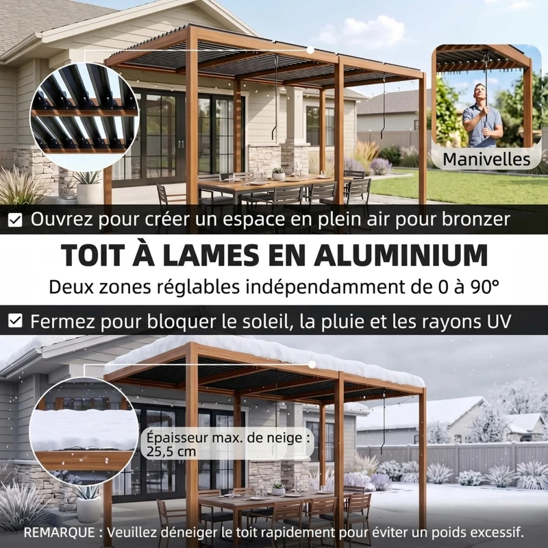 Outsunny Pergola 3 x 6 m  pergola d'extérieur tonnelle avec persiennes manivelle toit réglable en aluminium crochets bois naturel