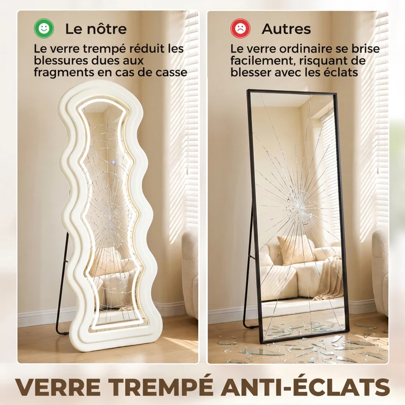HOMCOM Miroir Pleine Longueur Ondulé 160 x 60 cm, LED 3 Couleurs, Cadre Effet Velours, Verre Trempé HD, Crème
